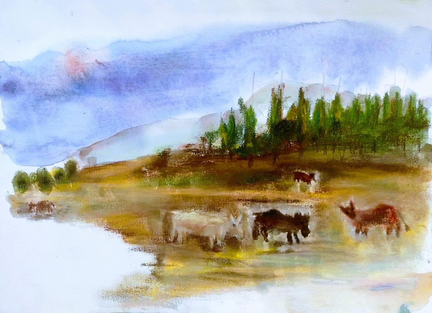 Kfar Szold: a landscape with a herd of cows